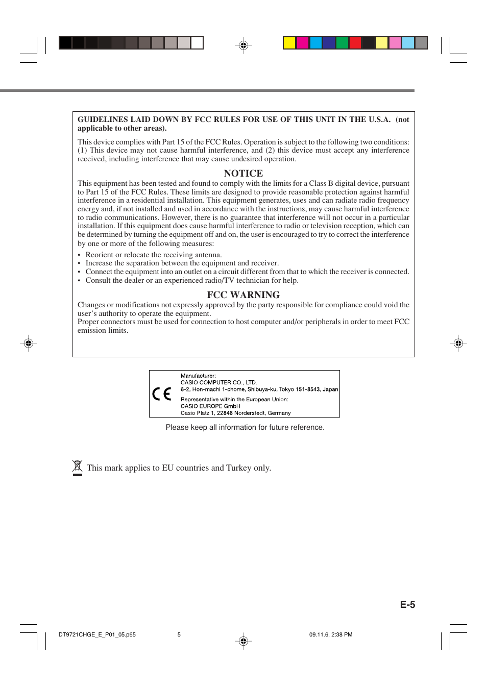 Notice, Fcc warning | Casio DT-9721CHGE User Manual | Page 6 / 10