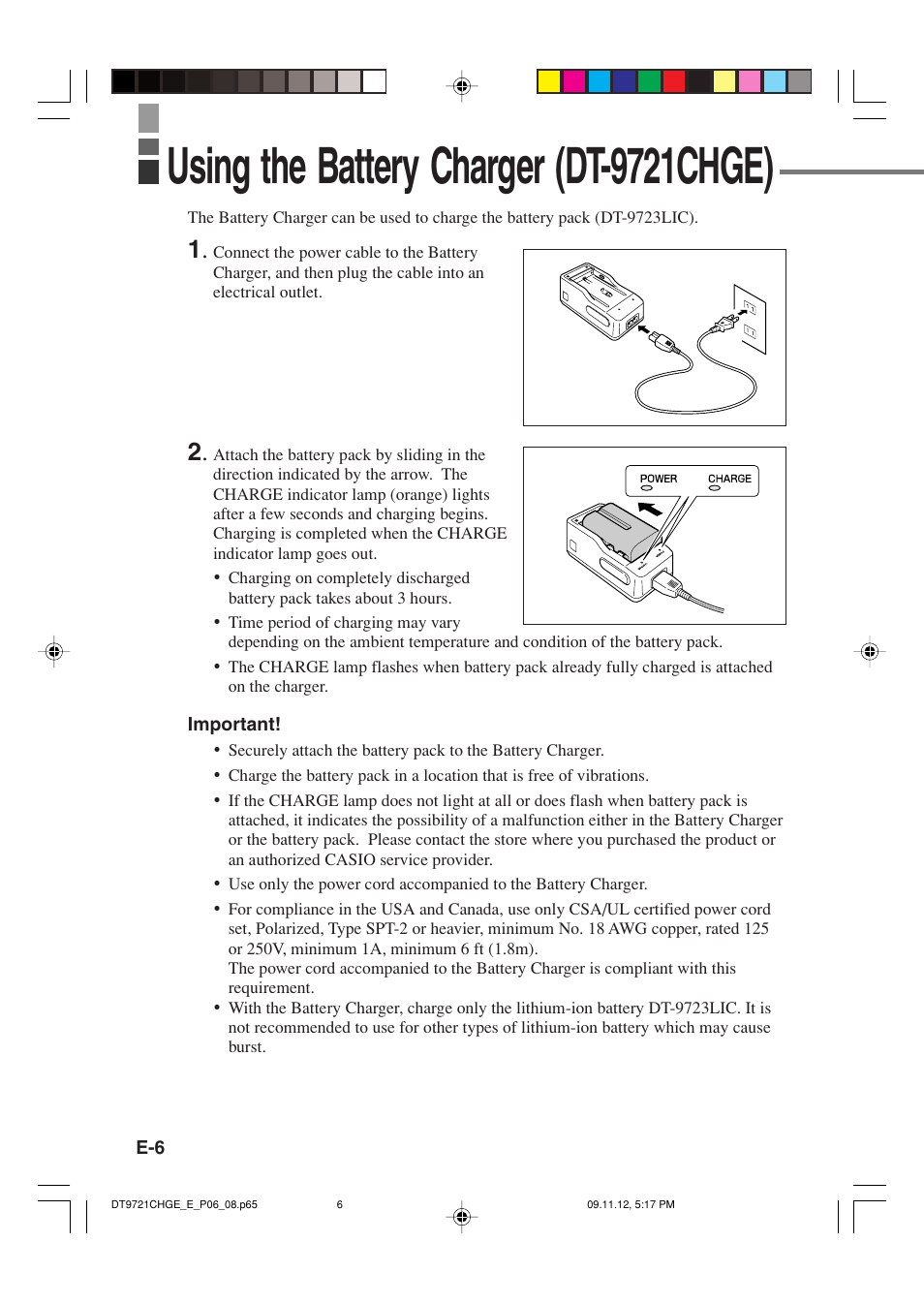 Using the battery charger (dt-9721chge) | Casio DT-9721CHGE User Manual | Page 7 / 10