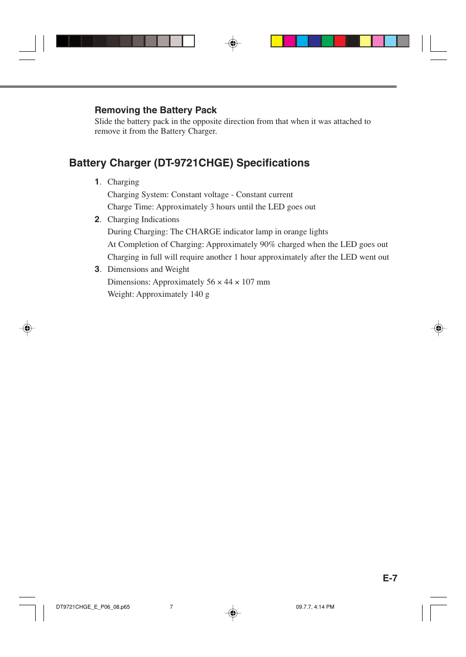 Battery charger (dt-9721chge) specifications | Casio DT-9721CHGE User Manual | Page 8 / 10