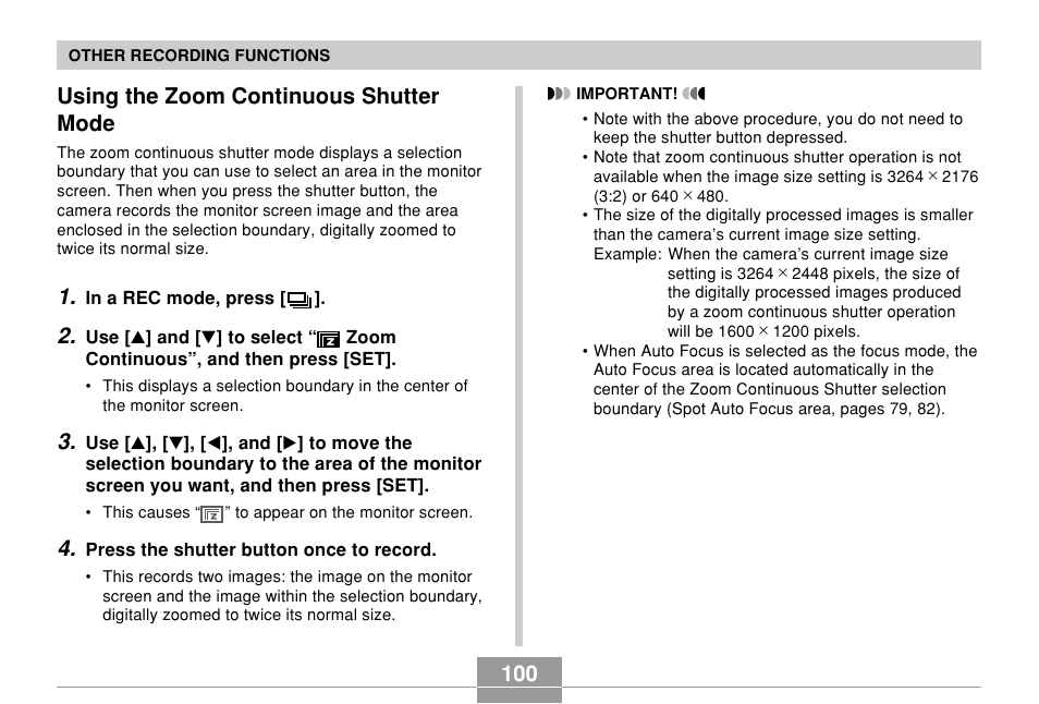 Using the zoom continuous shutter mode, 100 using the zoom continuous shutter mode | Casio EX-Z850 User Manual | Page 100 / 279