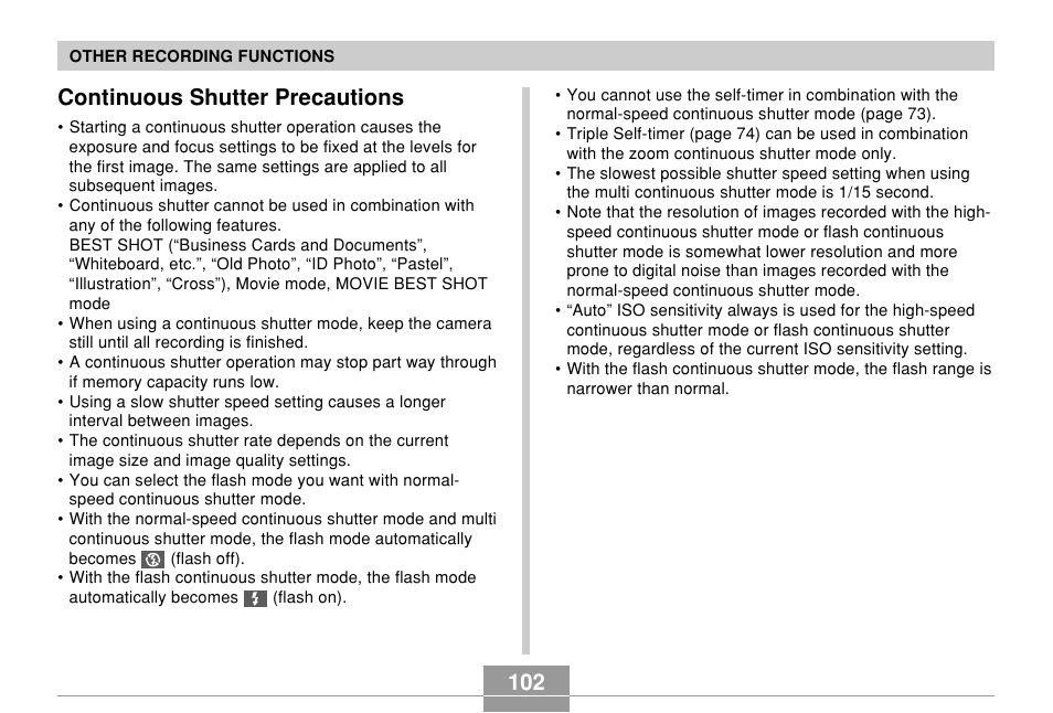 Continuous shutter precautions, 102 continuous shutter precautions | Casio EX-Z850 User Manual | Page 102 / 279