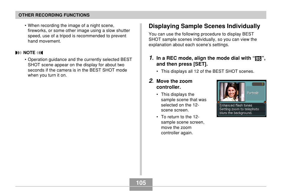 Displaying sample scenes individually, 105 displaying sample scenes individually | Casio EX-Z850 User Manual | Page 105 / 279