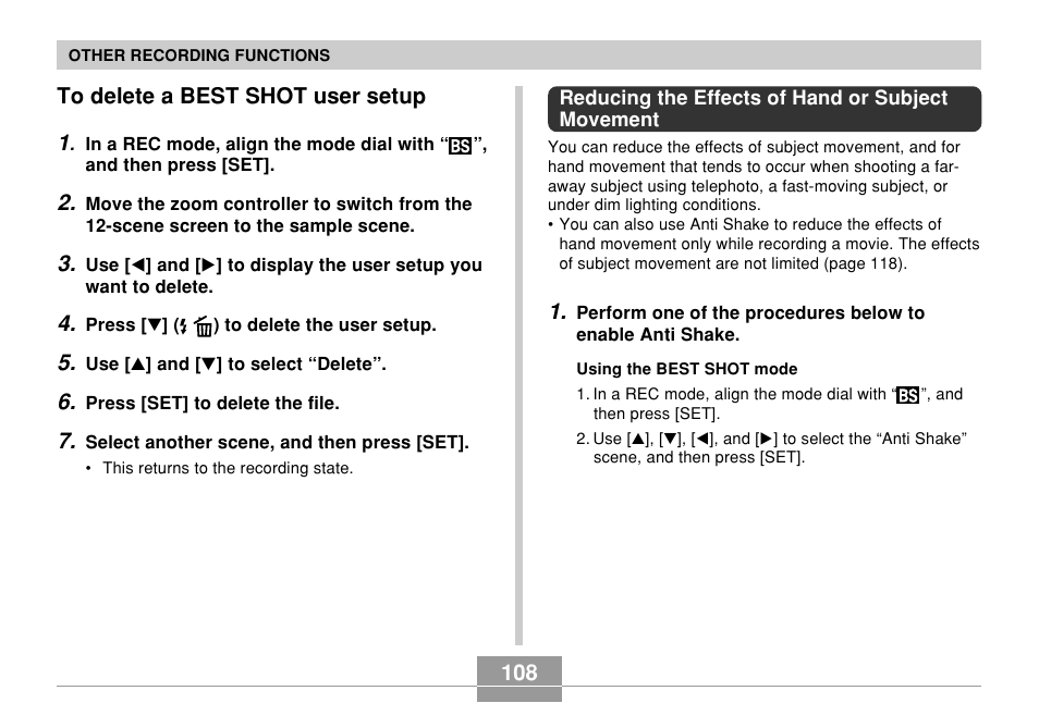 To delete a best shot user setup, Reducing the effects of hand or subject movement | Casio EX-Z850 User Manual | Page 108 / 279