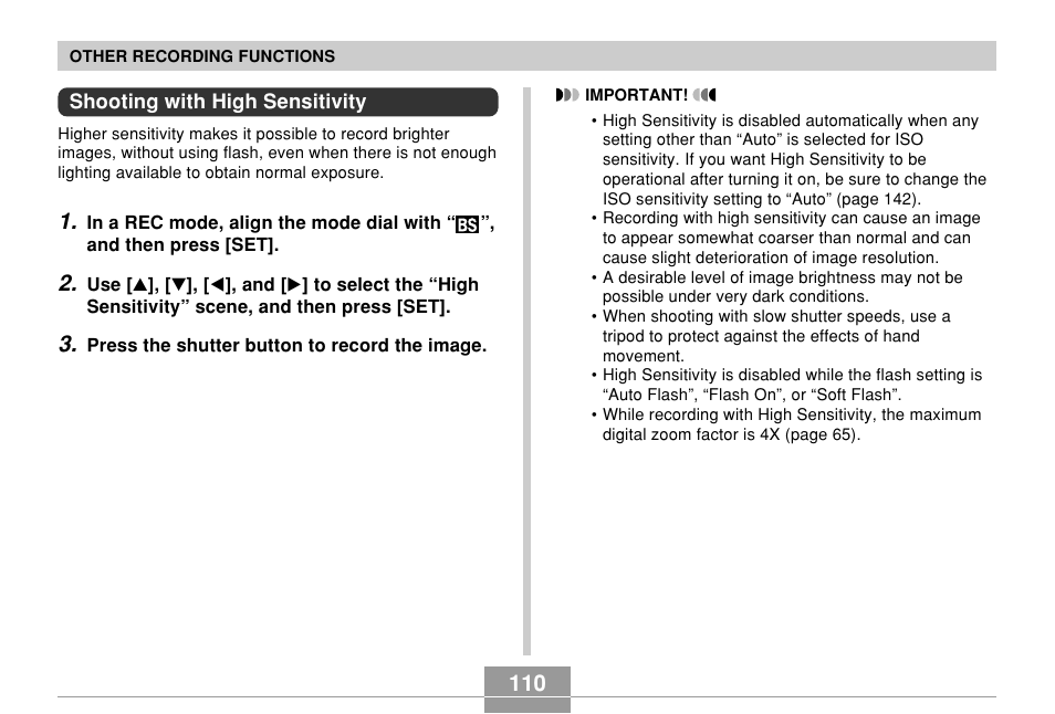 Shooting with high sensitivity | Casio EX-Z850 User Manual | Page 110 / 279