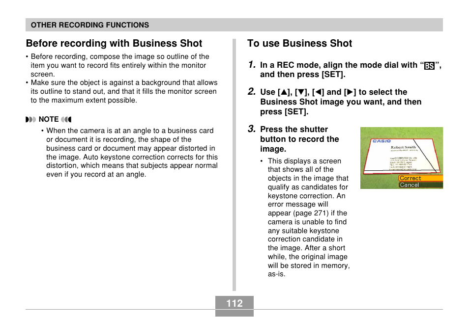 Before recording with business shot, To use business shot, 112 to use business shot 1 | Casio EX-Z850 User Manual | Page 112 / 279
