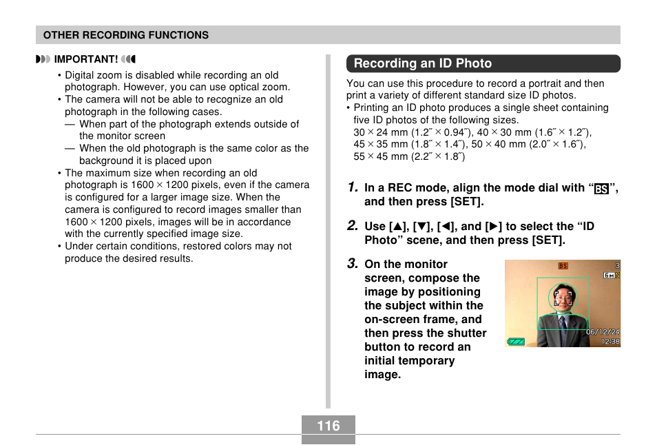 Recording an id photo | Casio EX-Z850 User Manual | Page 116 / 279