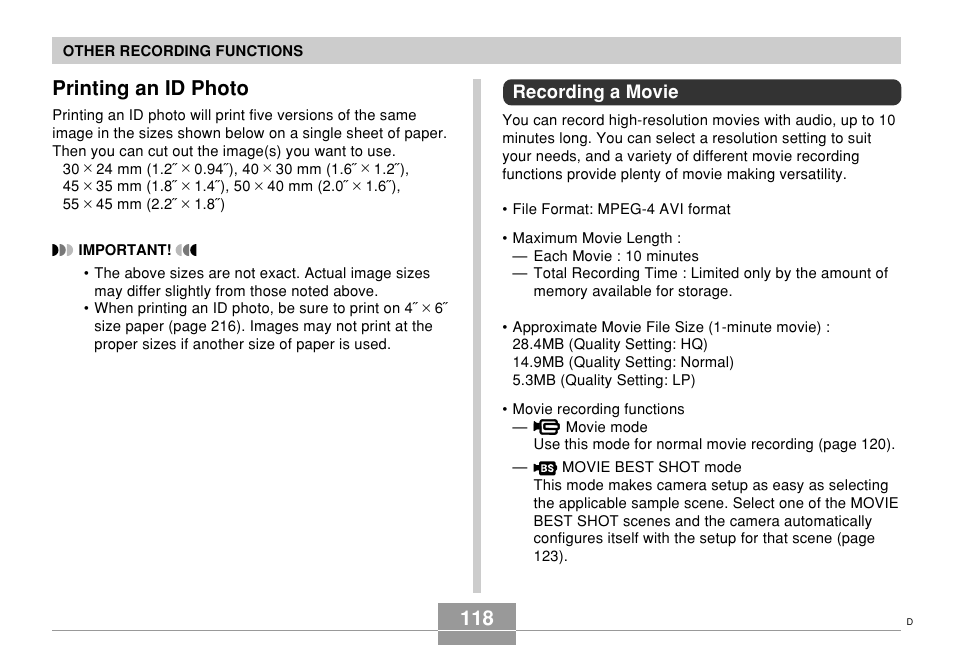 Printing an id photo, Recording a movie, 118 printing an id photo | Casio EX-Z850 User Manual | Page 118 / 279