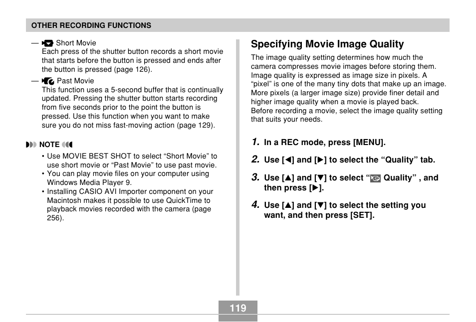 Specifying movie image quality | Casio EX-Z850 User Manual | Page 119 / 279