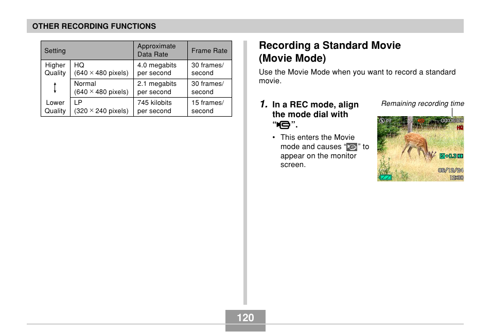 Recording a standard movie (movie mode) | Casio EX-Z850 User Manual | Page 120 / 279