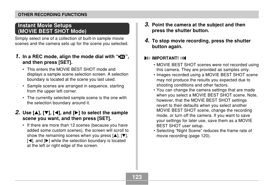 Instant movie setups (movie best shot mode) | Casio EX-Z850 User Manual | Page 123 / 279