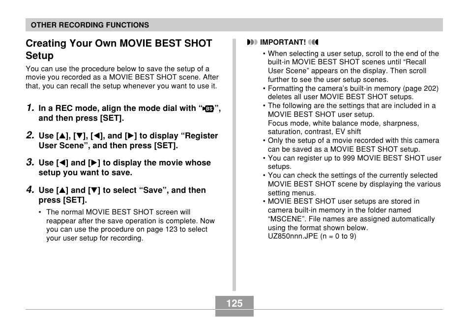 Creating your own movie best shot setup, 125 creating your own movie best shot setup | Casio EX-Z850 User Manual | Page 125 / 279