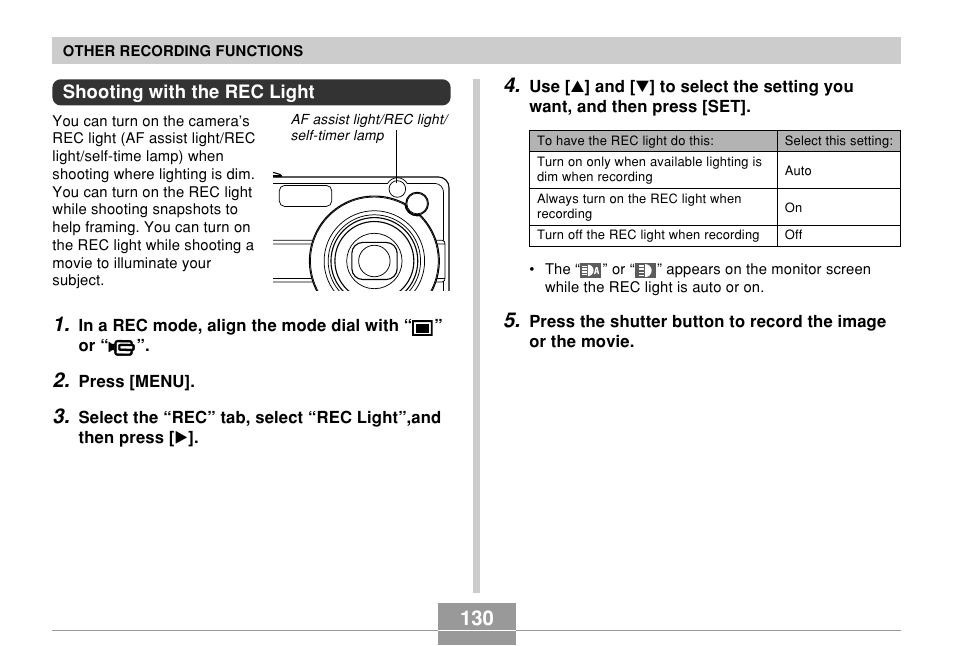 Shooting with the rec light | Casio EX-Z850 User Manual | Page 130 / 279