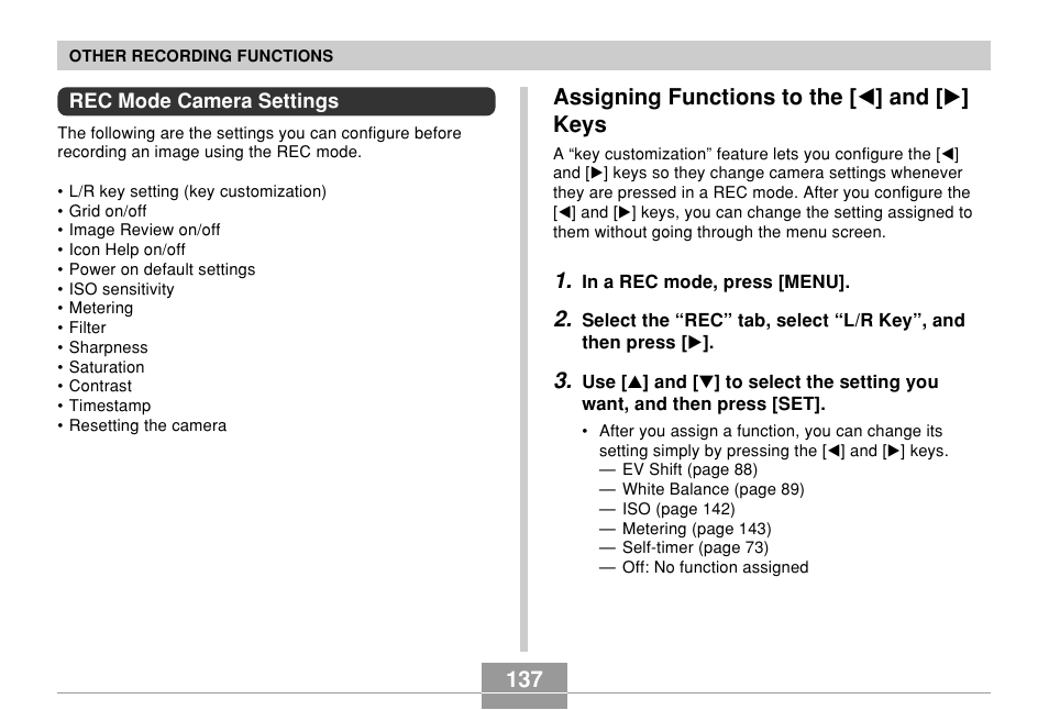 Rec mode camera settings, Assigning functions to the [<] and [>] keys | Casio EX-Z850 User Manual | Page 137 / 279