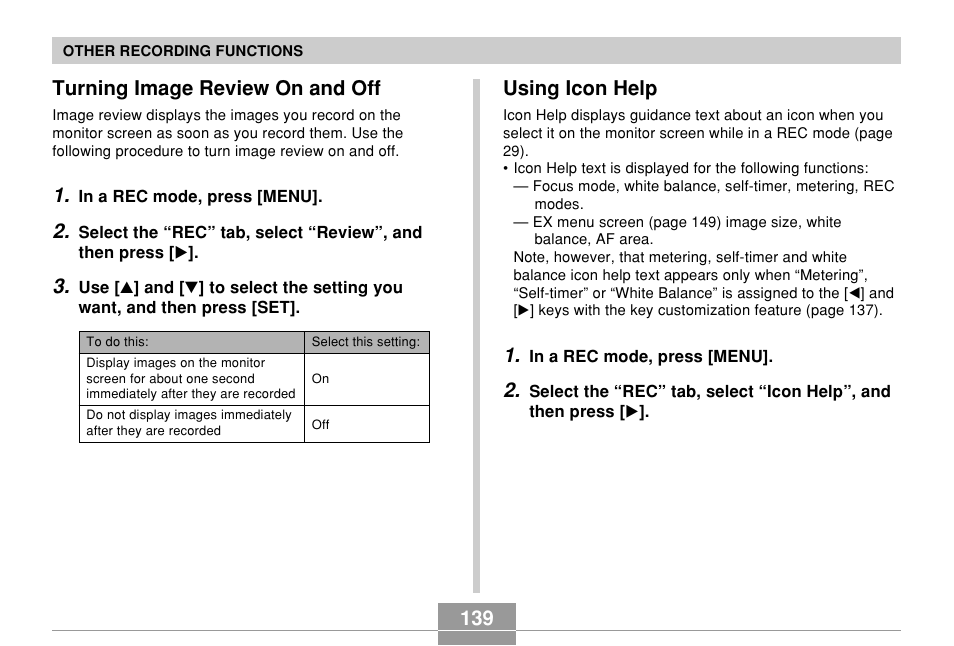 Turning image review on and off, Using icon help, 139 using icon help | Casio EX-Z850 User Manual | Page 139 / 279