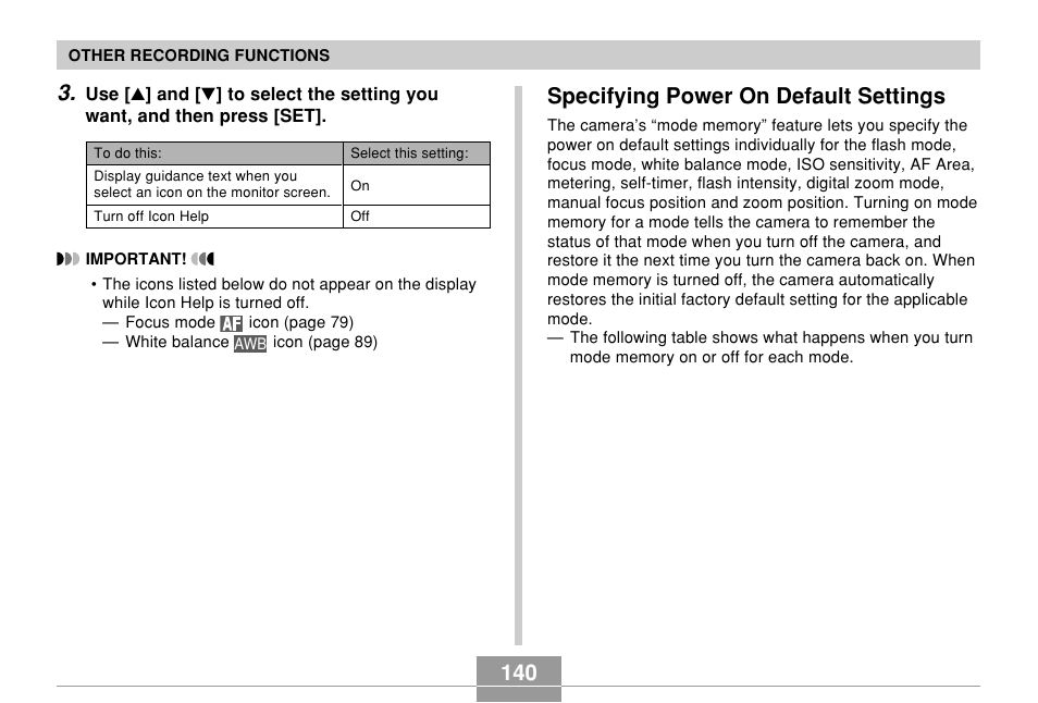 Specifying power on default settings, 140 specifying power on default settings | Casio EX-Z850 User Manual | Page 140 / 279