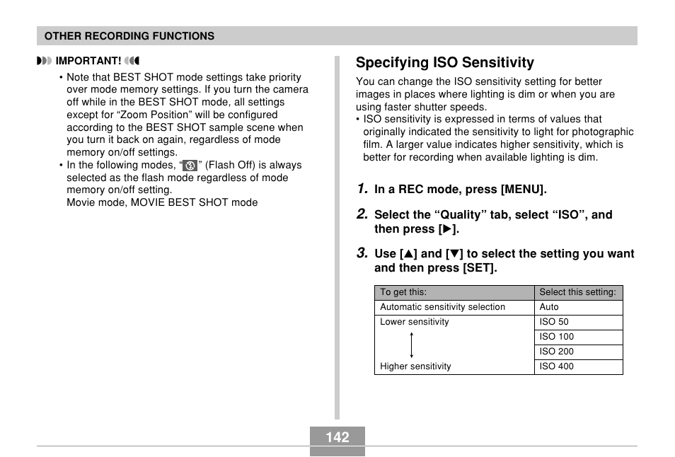 Specifying iso sensitivity, 142 specifying iso sensitivity | Casio EX-Z850 User Manual | Page 142 / 279