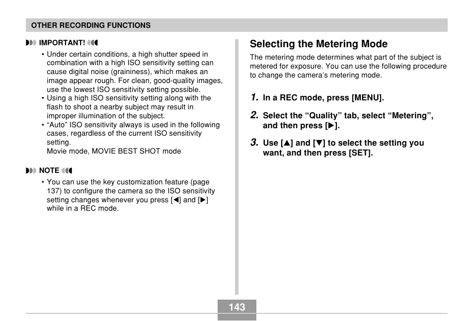 Selecting the metering mode, 143 selecting the metering mode | Casio EX-Z850 User Manual | Page 143 / 279