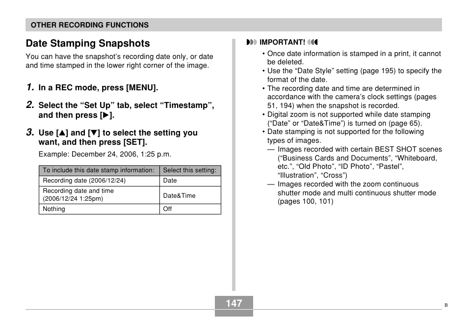 Date stamping snapshots | Casio EX-Z850 User Manual | Page 147 / 279