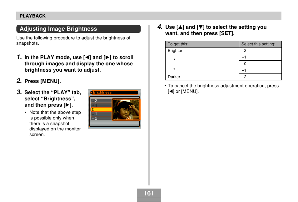 Adjusting image brightness | Casio EX-Z850 User Manual | Page 161 / 279