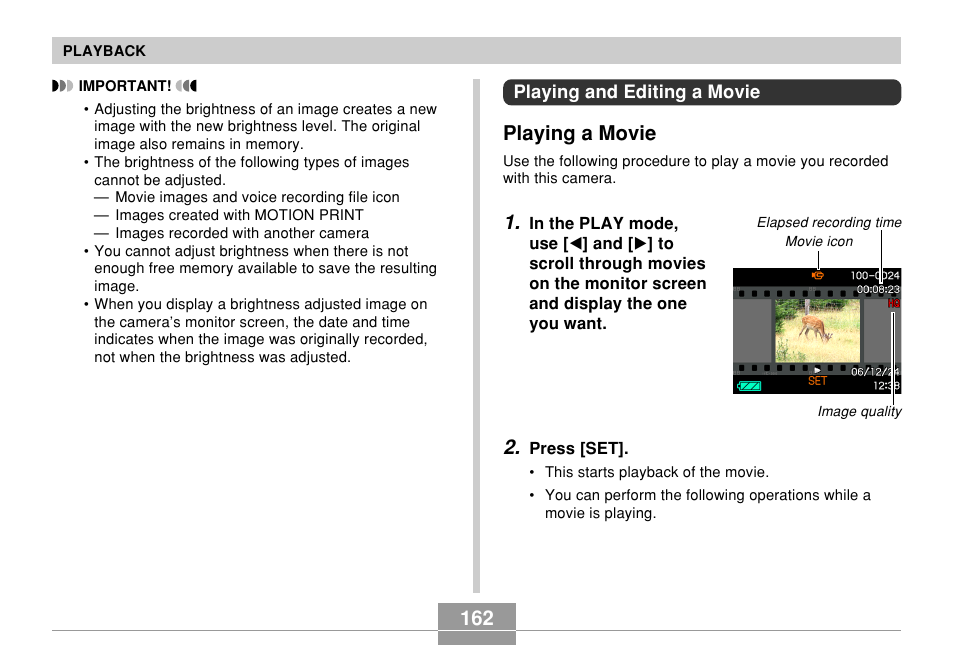 Playing and editing a movie, Playing a movie | Casio EX-Z850 User Manual | Page 162 / 279