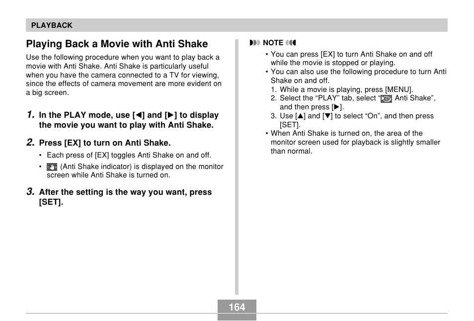 Playing back a movie with anti shake, 164 playing back a movie with anti shake | Casio EX-Z850 User Manual | Page 164 / 279