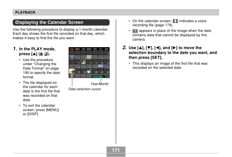 Displaying the calendar screen | Casio EX-Z850 User Manual | Page 171 / 279