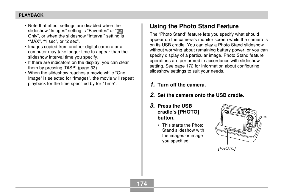 Using the photo stand feature, 174 using the photo stand feature | Casio EX-Z850 User Manual | Page 174 / 279