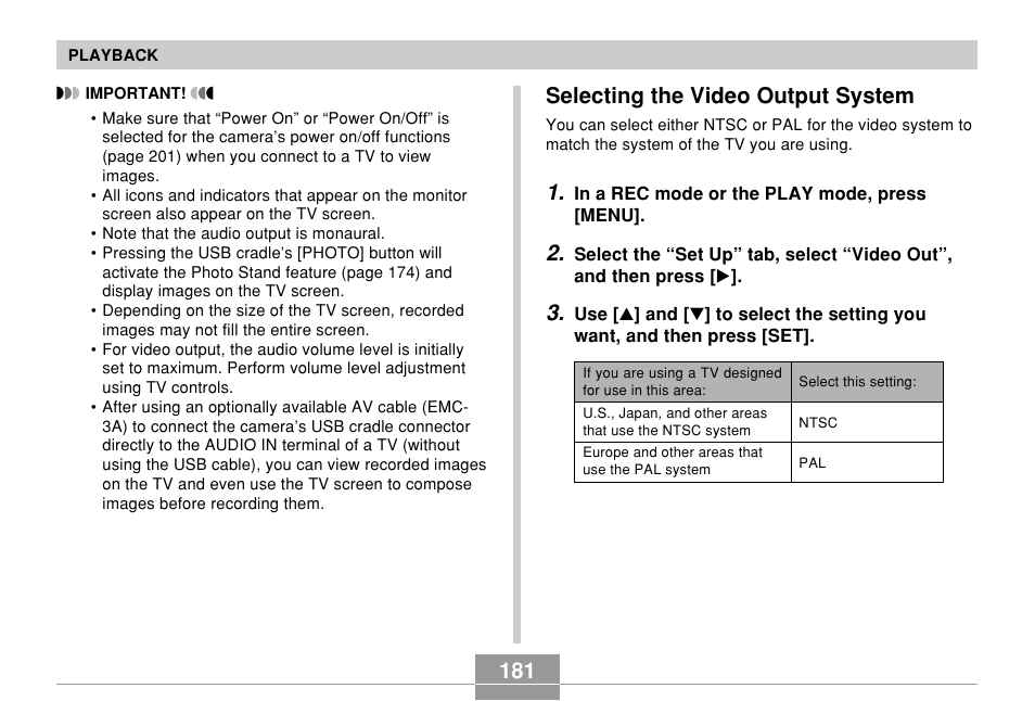 Selecting the video output system, 181 selecting the video output system | Casio EX-Z850 User Manual | Page 181 / 279