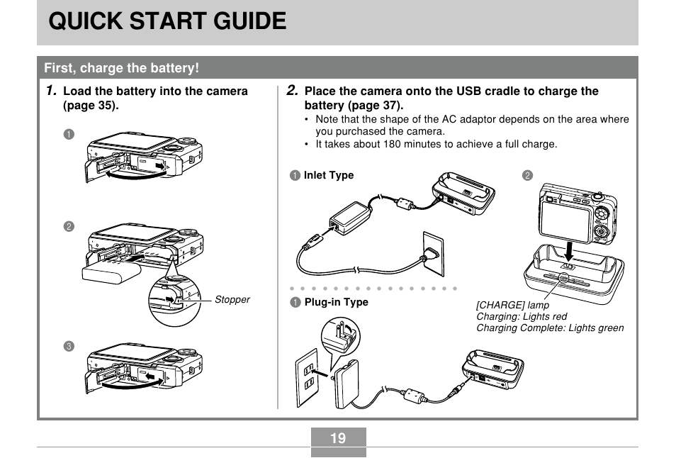 Quick start guide, First, charge the battery, Load the battery into the camera (page 35) | Casio EX-Z850 User Manual | Page 19 / 279