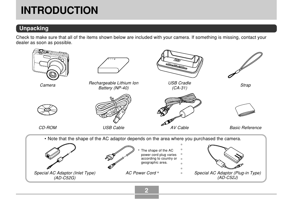 Introduction, Unpacking | Casio EX-Z850 User Manual | Page 2 / 279