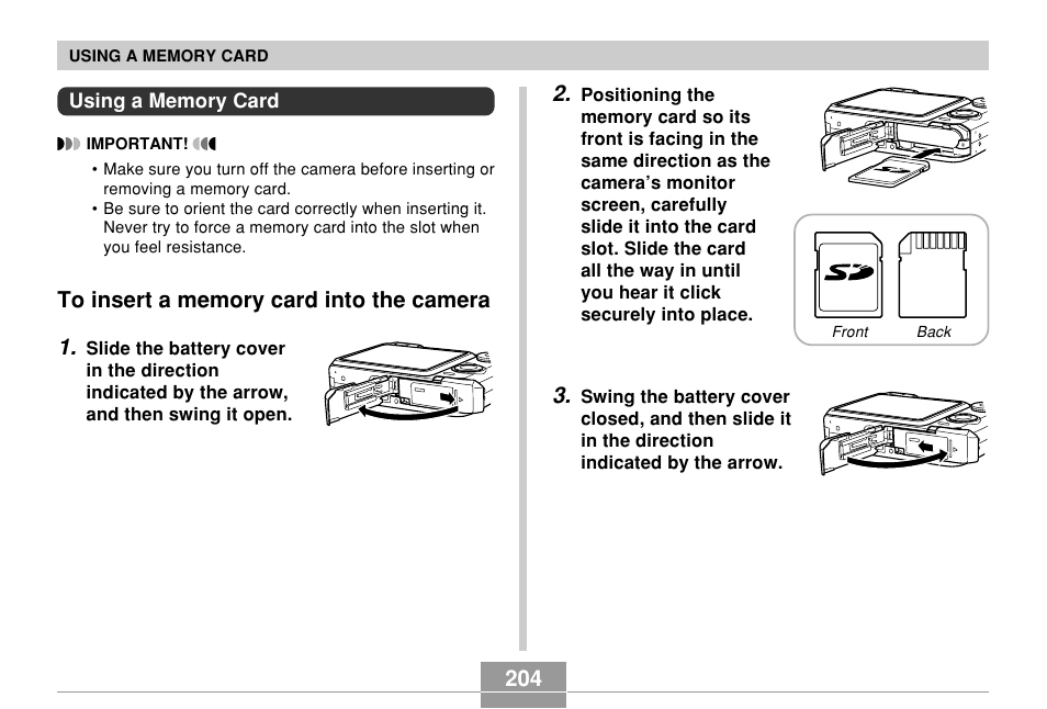 Using a memory card, To insert a memory card into the camera | Casio EX-Z850 User Manual | Page 204 / 279