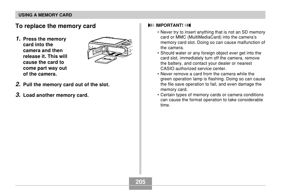 To replace the memory card | Casio EX-Z850 User Manual | Page 205 / 279