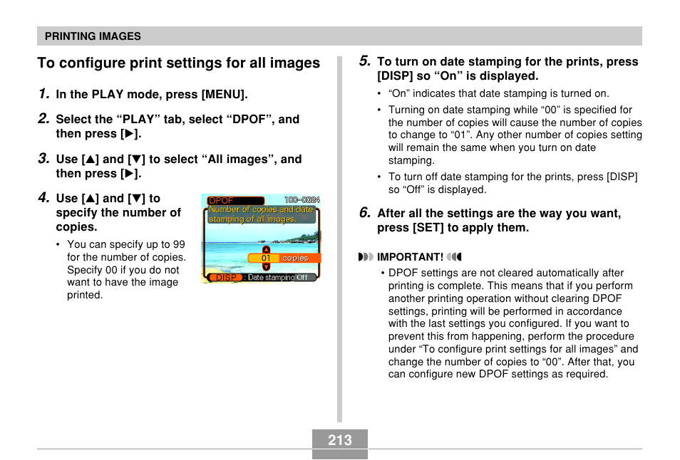 To configure print settings for all images, 213 to configure print settings for all images 1 | Casio EX-Z850 User Manual | Page 213 / 279