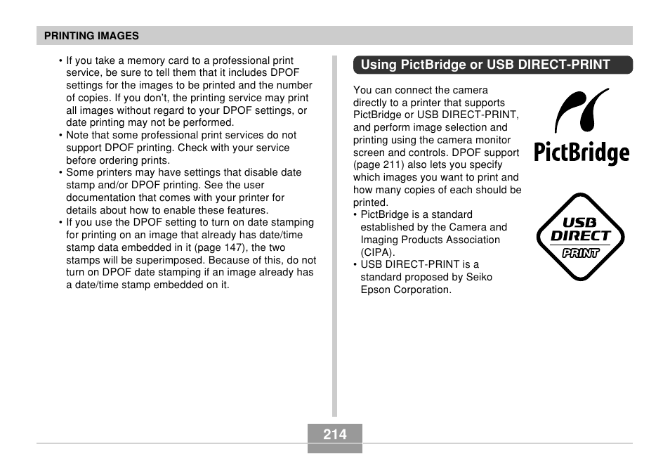 Using pictbridge or usb direct-print | Casio EX-Z850 User Manual | Page 214 / 279