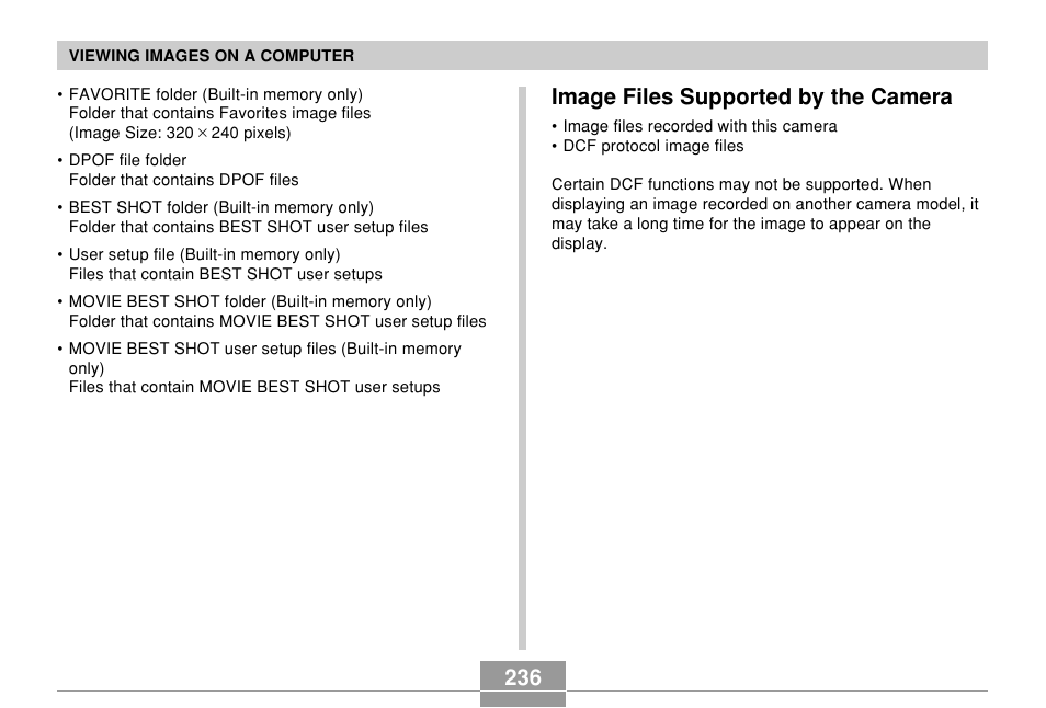 Image files supported by the camera | Casio EX-Z850 User Manual | Page 236 / 279