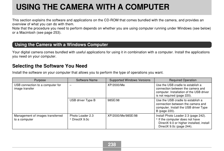 Using the camera with a computer, Using the camera with a windows computer, Selecting the software you need | Casio EX-Z850 User Manual | Page 238 / 279