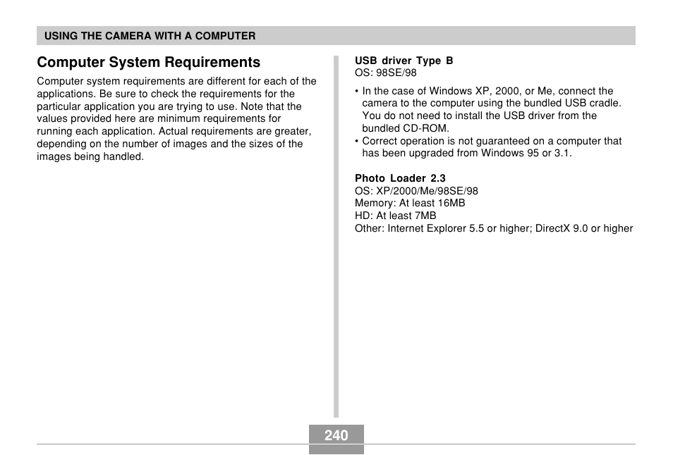 Computer system requirements, 240 computer system requirements | Casio EX-Z850 User Manual | Page 240 / 279