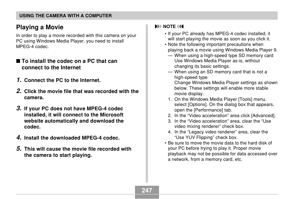 Playing a movie, 247 playing a movie | Casio EX-Z850 User Manual | Page 247 / 279