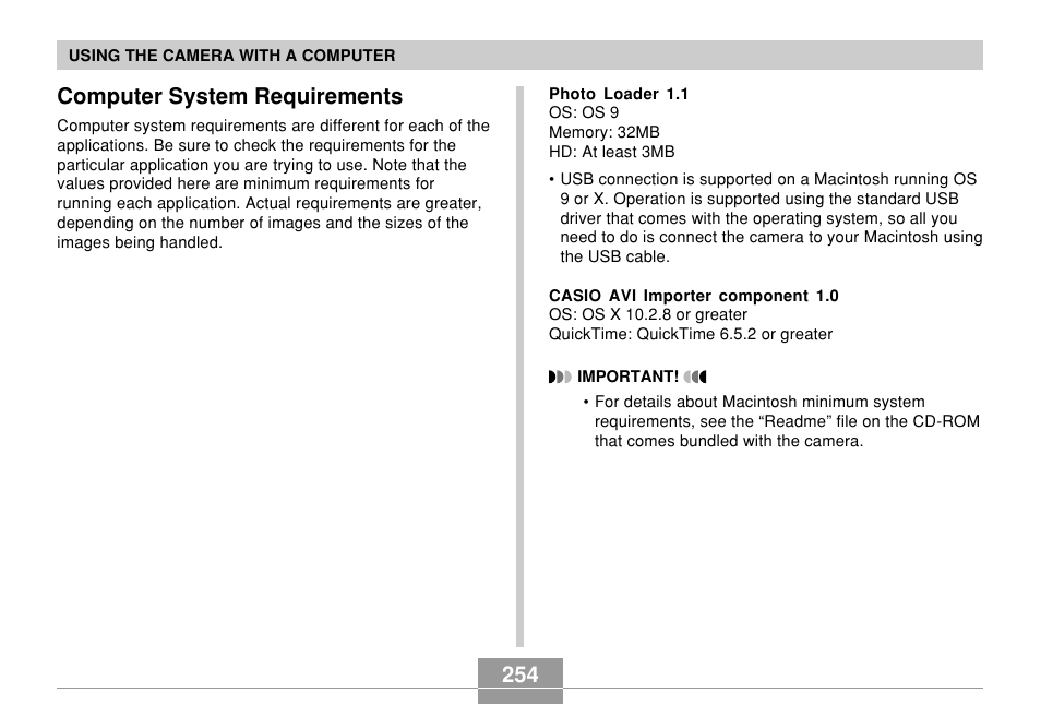 Computer system requirements, 254 computer system requirements | Casio EX-Z850 User Manual | Page 254 / 279