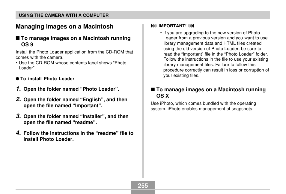 Managing images on a macintosh, 255 managing images on a macintosh | Casio EX-Z850 User Manual | Page 255 / 279