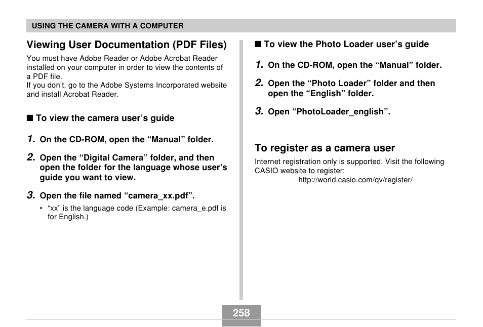 Viewing user documentation (pdf files), To register as a camera user | Casio EX-Z850 User Manual | Page 258 / 279