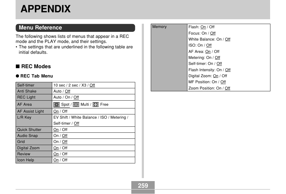 Appendix, Menu reference, Rec modes | Casio EX-Z850 User Manual | Page 259 / 279