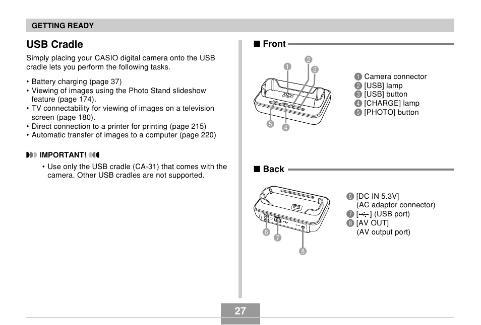 Usb cradle | Casio EX-Z850 User Manual | Page 27 / 279