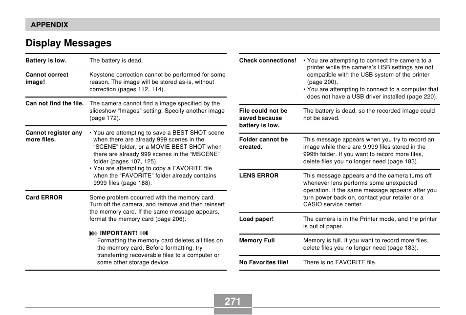 Display messages, 271 display messages | Casio EX-Z850 User Manual | Page 271 / 279