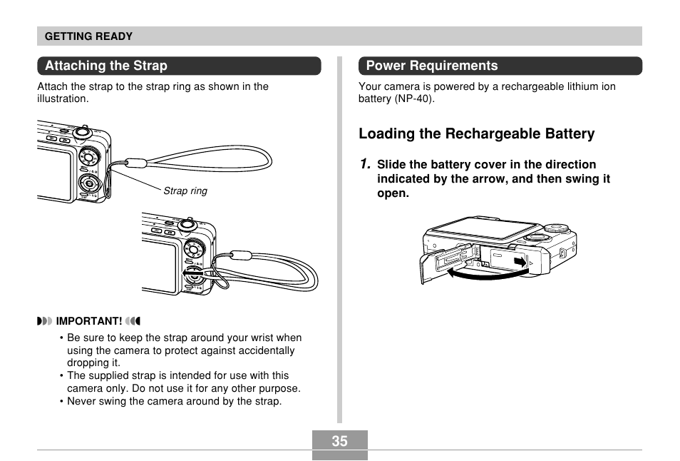 Attaching the strap, Power requirements, Loading the rechargeable battery | Loading the rechargeable battery 1 | Casio EX-Z850 User Manual | Page 35 / 279