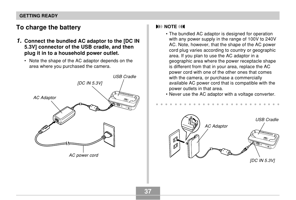 To charge the battery, 37 to charge the battery 1, Getting ready | Casio EX-Z850 User Manual | Page 37 / 279