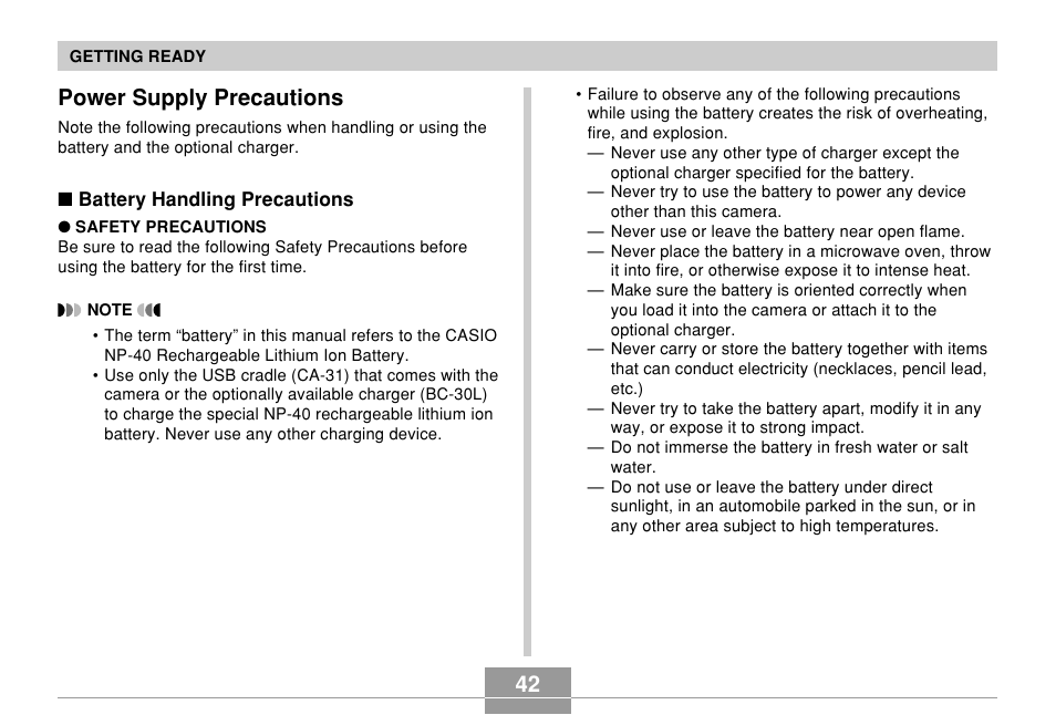 Power supply precautions, 42 power supply precautions | Casio EX-Z850 User Manual | Page 42 / 279