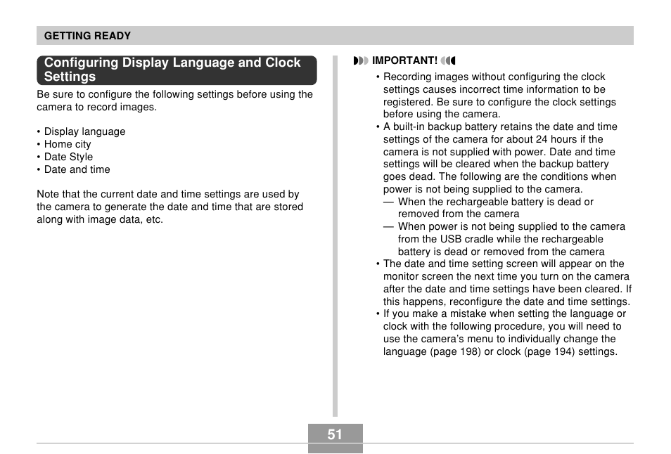 Configuring display language and clock settings | Casio EX-Z850 User Manual | Page 51 / 279