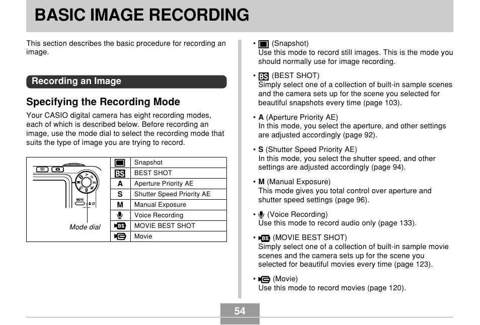 Basic image recording, Recording an image, Specifying the recording mode | Casio EX-Z850 User Manual | Page 54 / 279