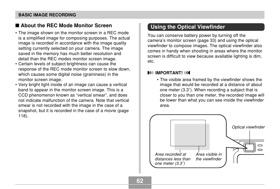 Using the optical viewfinder | Casio EX-Z850 User Manual | Page 62 / 279